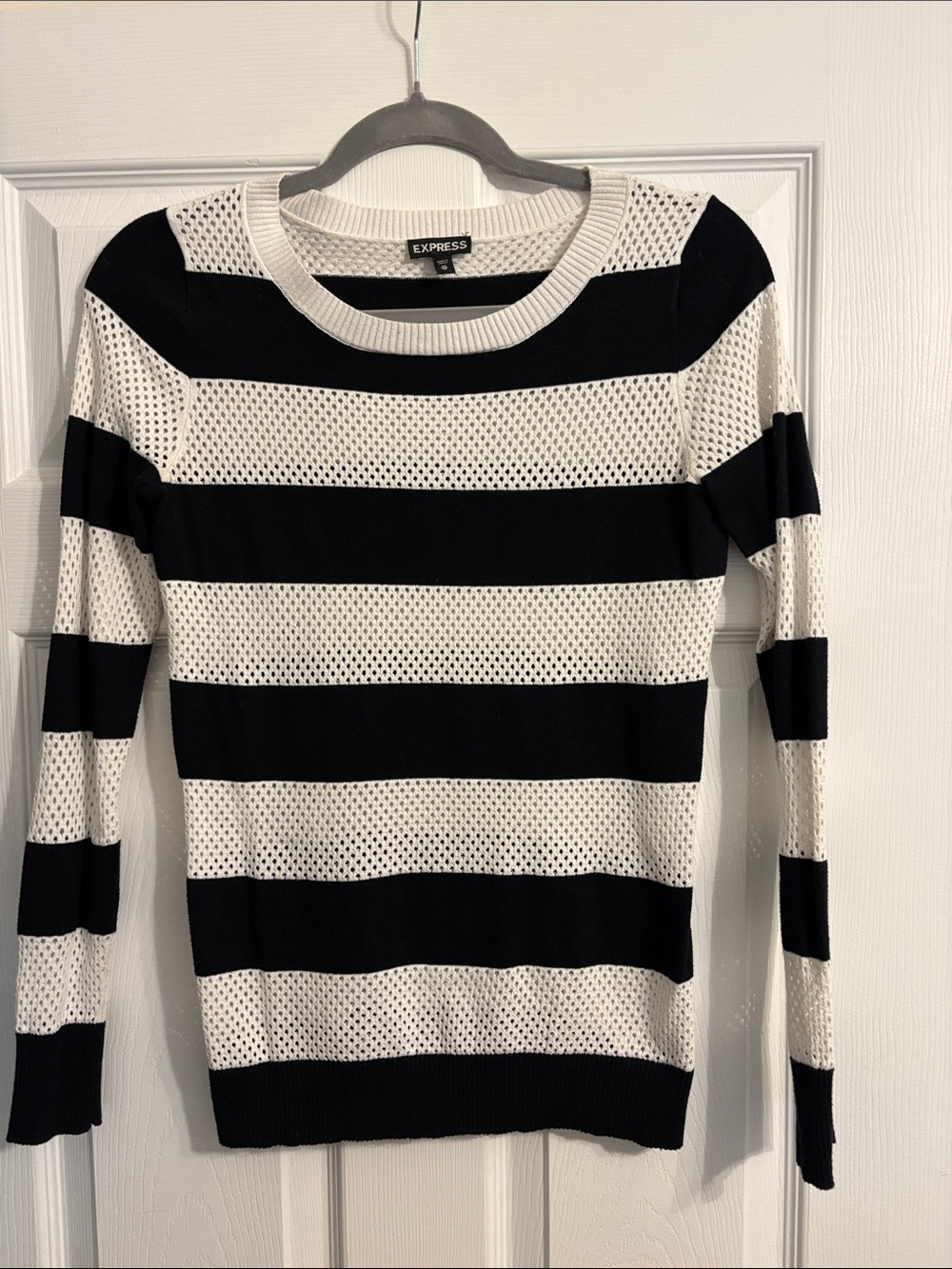 Express Black and White Open-Knit Striped Crew Sweater